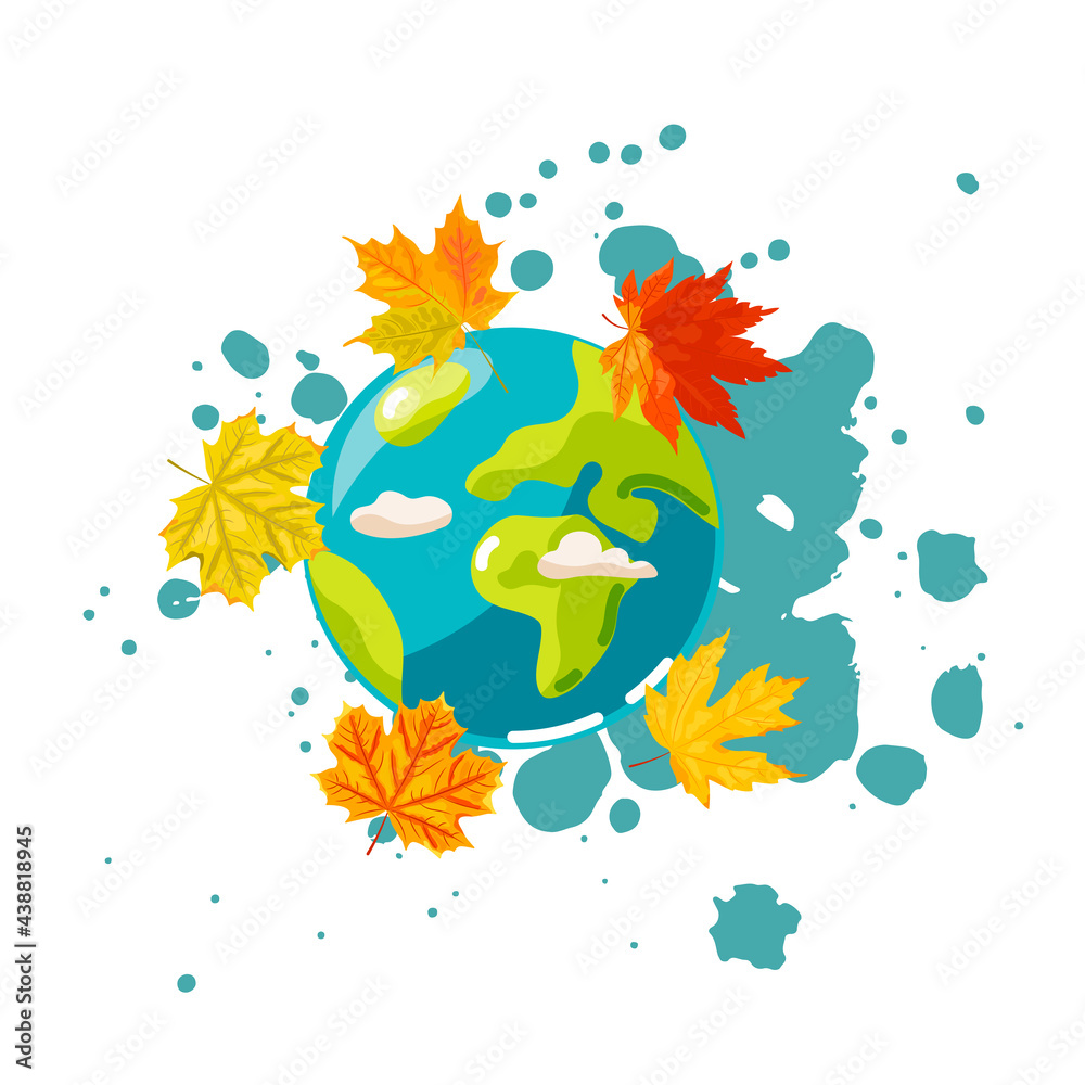 Planet Earth and autumn leaves on white background. Ecological concept. Vector illustration. Flat style design.