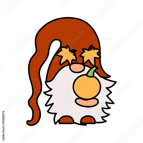 Gnome with pumpkin and autumn leaves is on white background. Vector illustration.