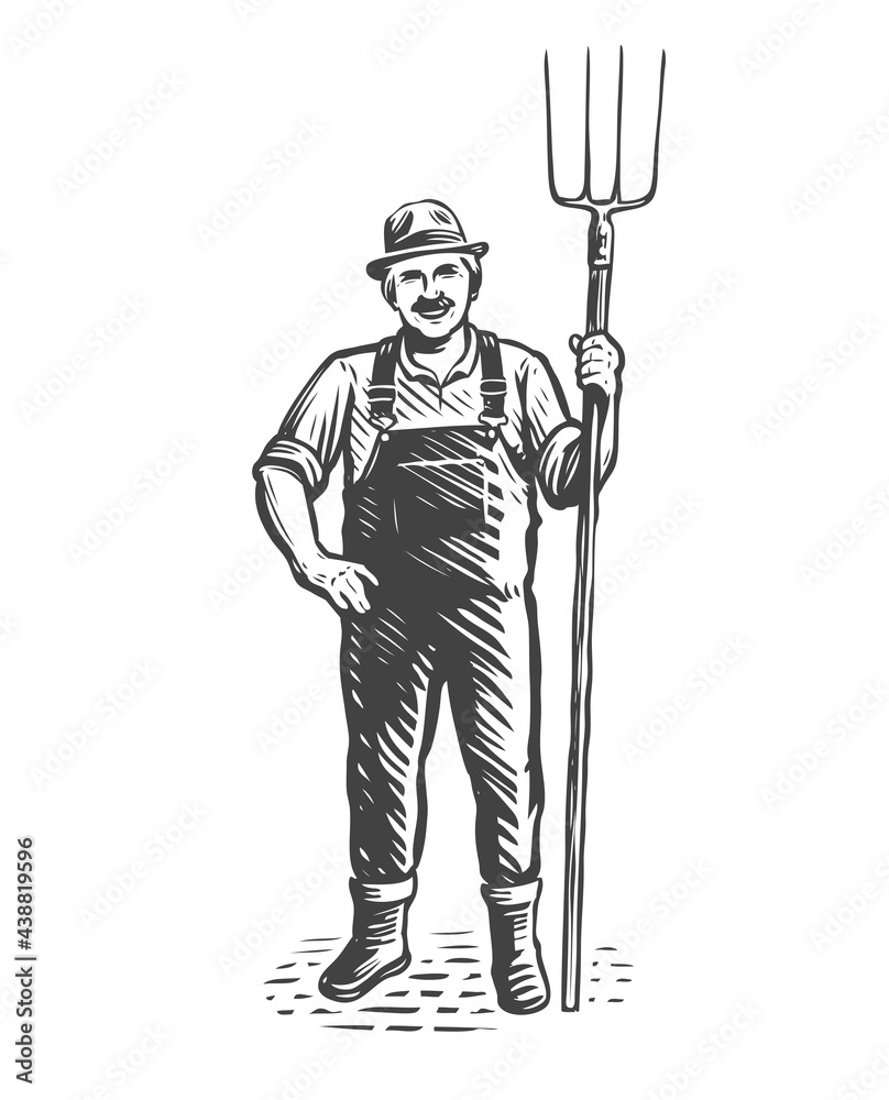 Farmer with pitchfork sketch. Farming, farming concept. Vintage vector illustration - obrazy, fototapety, plakaty 
