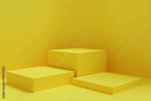 Blank yellow product podium pedestal, a platform for design, stage platform, showcase, empty stand display isolated on minimalism vivid abstract background with shadow. 3D rendering
