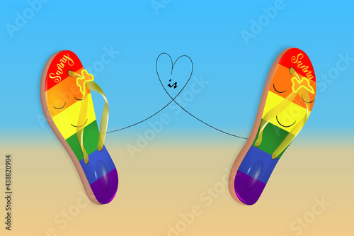 Gay love is love. Vector illustration of non-traditional relationships, LGBT. Flip-flops and a heart on the background of the beach. photo