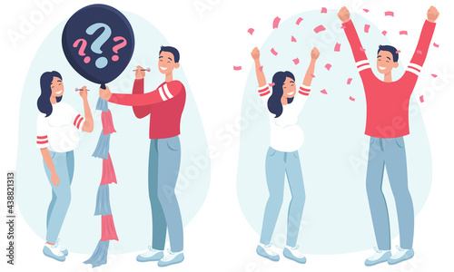 Gender reveal party. A pregnant woman and her husband want to know the gender of their baby. It's a girl. Pink confetti is flying around. Flat vector illustration on a white background.