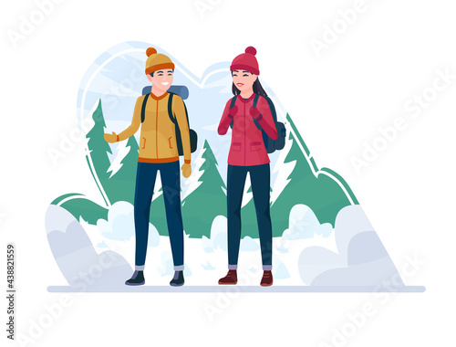 Tourist couple hiking activity. Man and woman climbing, Walking, outdoor recreation in the forest