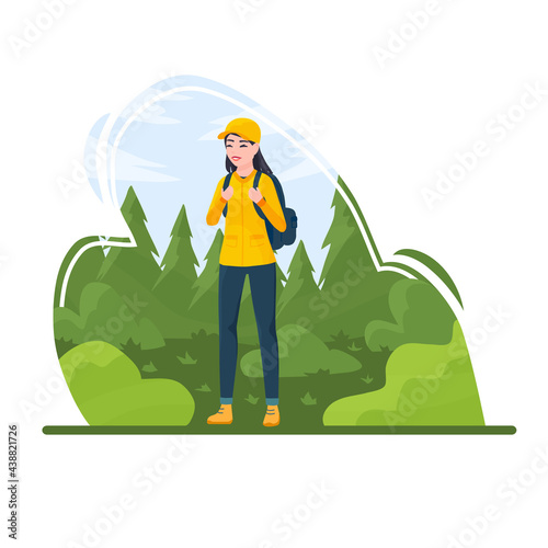 Tourist girl hiking. Woman climbing, Walking, outdoor recreation in the forest. Female character