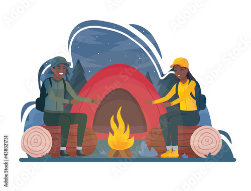 Tourist African couple hiking activity. Black Man and woman camping, Picnic, outdoor recreation