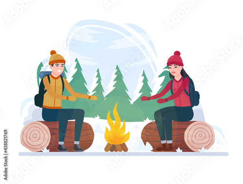 Tourist couple hiking activity. Man and woman climbing, Walking, outdoor recreation in the forest