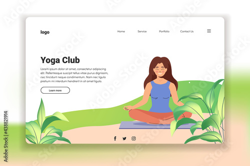 Landing page for yoga site or outdoor activities with woman sitting in lotus posture, website banner vector template. Happy female character doing yoga outdoor. Vector illustration in flat style