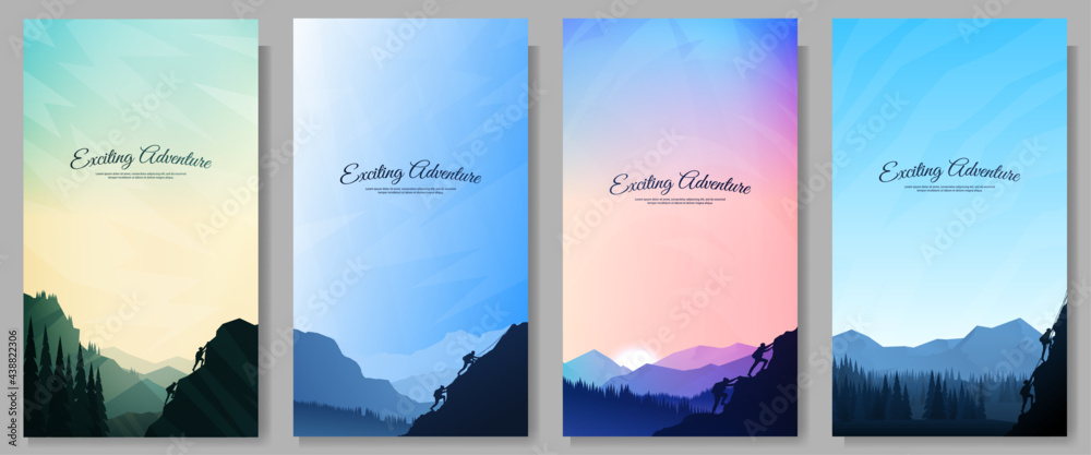 Vector landscapes set. Travel concept of discovering, exploring and observing nature. Hiking. Adventure tourism. Polygonal flat design for coupon, voucher, gift card, flyer. People climb on cliff