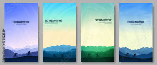 Vector illustration. Mountain bike. Travel concept of discovering, exploring nature. Cycling. Adventure tourism. Minimalist graphic. Polygonal flat design for coupon, voucher, gift card, flyer