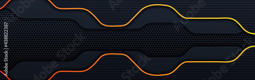 Modern 3d geometry shapes black lines with orange borders on dark background. Luxurious bright orange lines with metallic effect. Vector Illustration