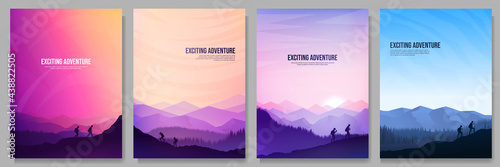 Vector brochure cards set. Travel concept of discovering, exploring and observing nature. Hiking. Climbing. Adventure tourism. Flat design for poster, book cover, magazine, layout, flyer, voucher