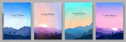 Vector illustration. Landscapes set. Travel concept of discovering, exploring and observing nature. Hiking. Adventure trekking tourism. People walks. Design for poster, book cover, banner, layout