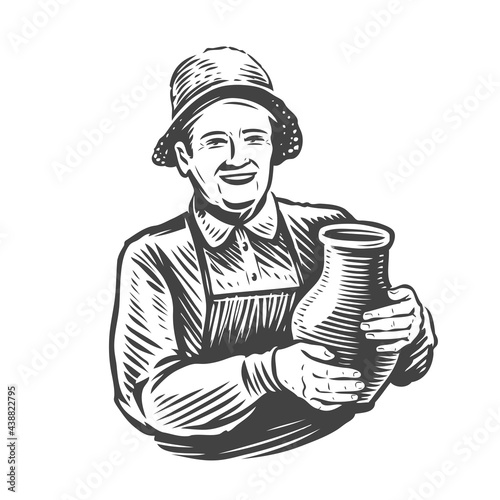 Woman with jug of milk. Dairy farm sketch vintage vector illustration