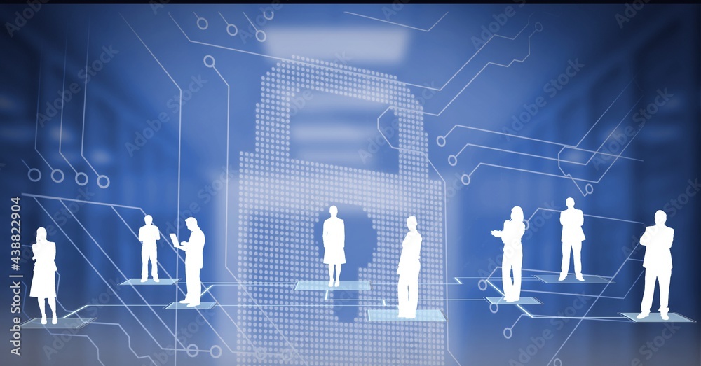 Composition of people silhouettes and online security padlock over computer circuit board Composition of people silhouettes and online security padlock over computer circuit board