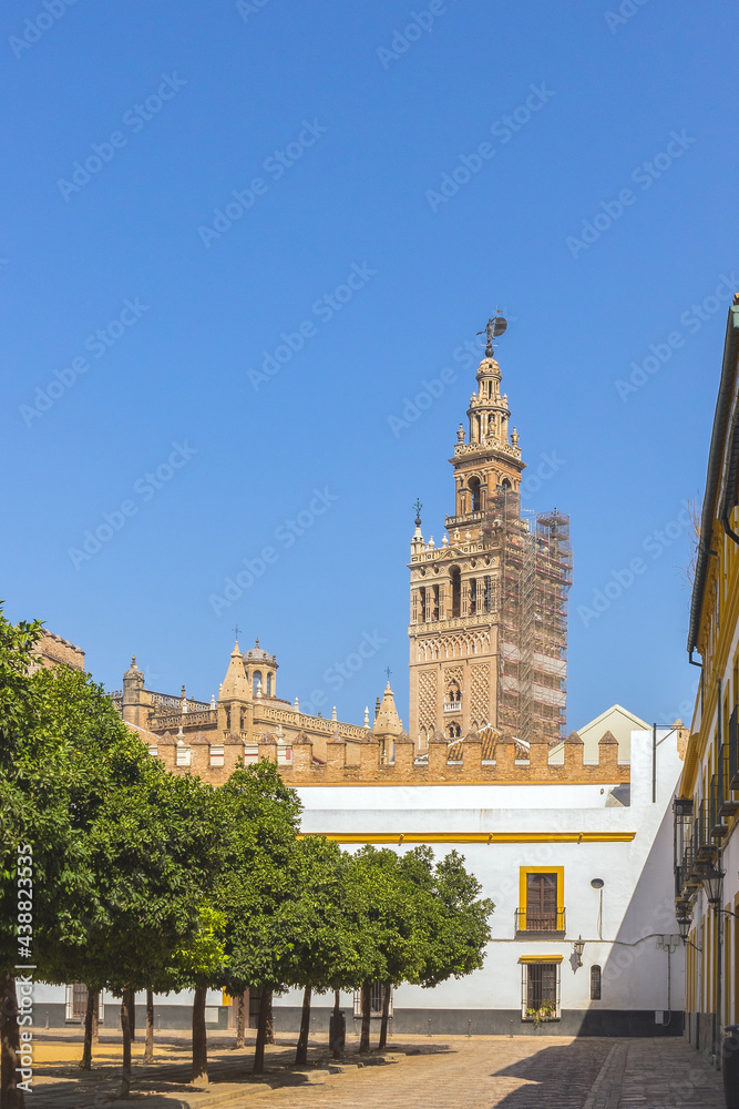 Restoration work is underway at the Giralda Bell Tower. Catholic Cathedral of Seville (Cathedral of Santa Maria de la Sede de Sevilla).