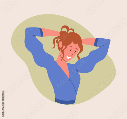Happy smiling female character is doing her brown hair in a ponytai