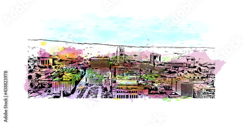 Building view with landmark of Greenville is a city in South Carolina. Watercolor splash with hand drawn sketch illustration in vector.