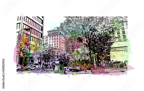 Building view with landmark of Greenville is a city in South Carolina. Watercolor splash with hand drawn sketch illustration in vector.
