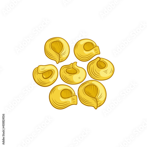 Vector Tortellini isolated on white background, dough product illustration, colored pasta, group.