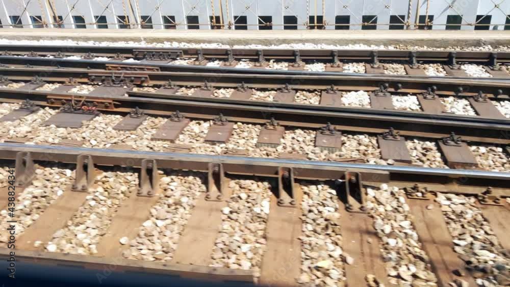 View from the window of a moving train on the railway tracks. Opening borders after a pandemic, starting travel