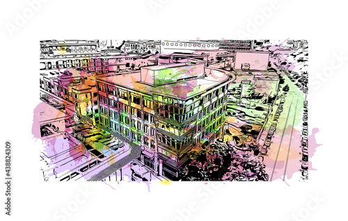Building view with landmark of Greenville is a city in South Carolina. Watercolor splash with hand drawn sketch illustration in vector.