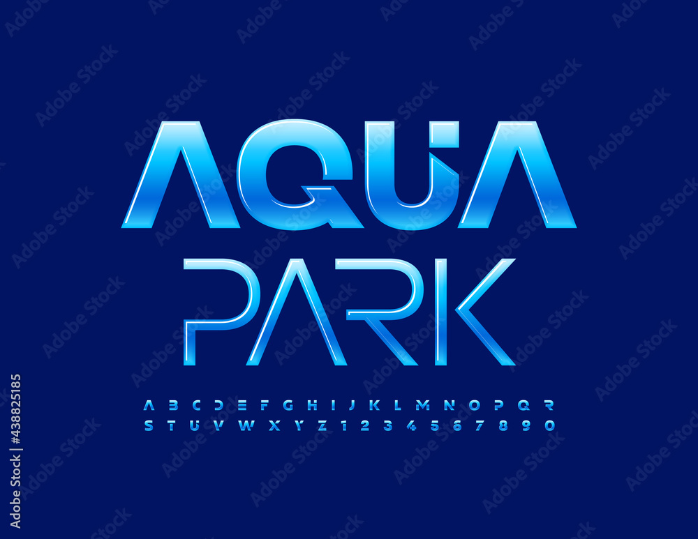 Vector trendy banner Aqua Park. Creative Alphabet Letters and Numbers set. Shiny Blue Font