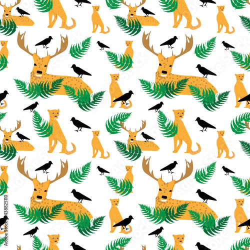 Silhouettes of a deer and a cheetah are hiding in the forest from hunters. Wild vegetation and birds shelter them from the sight of the hunter. Design for seamless patterns, applicable to textiles, dr © Natalia