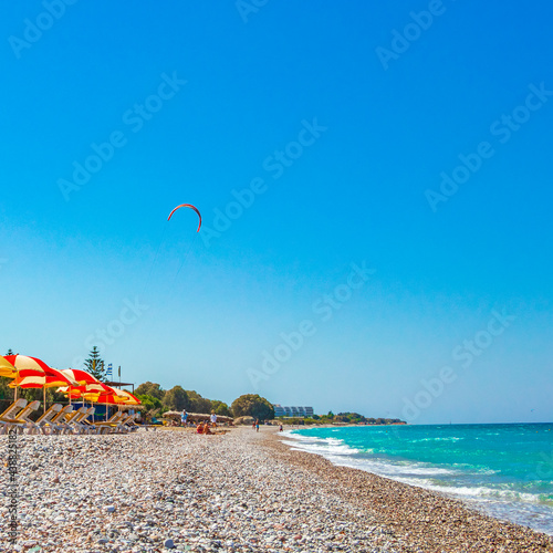 Relax windsurfing vacation and turquoise waters Ialysos beach Rhodes Greece.