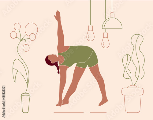 Woman doing yoga exercises, practicing meditation and stretching, minimal trendy vector illustration. Girl character in yoga studio or home. Trendy vector illustration