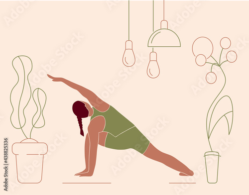 Woman doing yoga exercises, practicing meditation and stretching, minimal trendy vector illustration. Girl character in yoga studio or home. Trendy vector illustration