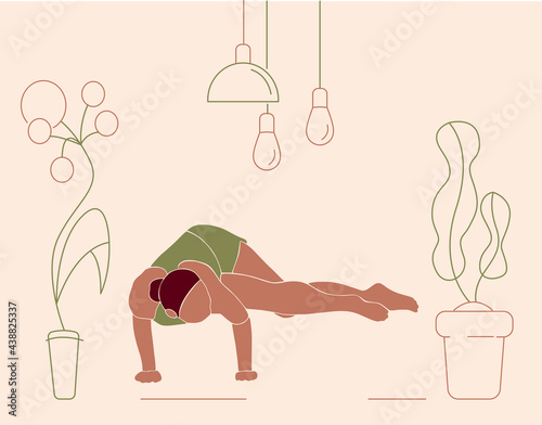 Color woman in green sport suit doing yoga exercises, practicing meditation and stretching, minimal trendy vector illustration. Girl character in yoga studio or home. Trendy vector illustration