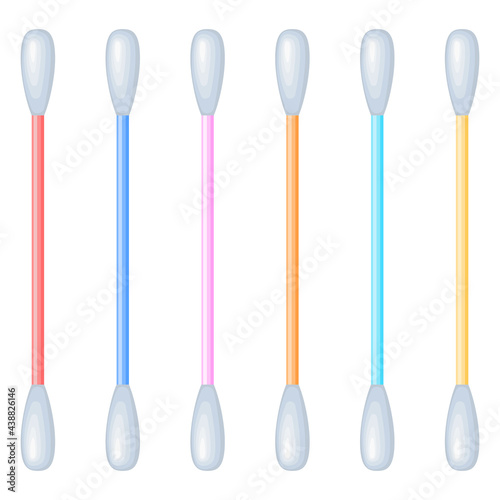 Set of cotton swabs. Multicolored and soft cotton swabs for makeup, hygiene, medicine. Cartoon flat style. Isolated vector illustration on white background.