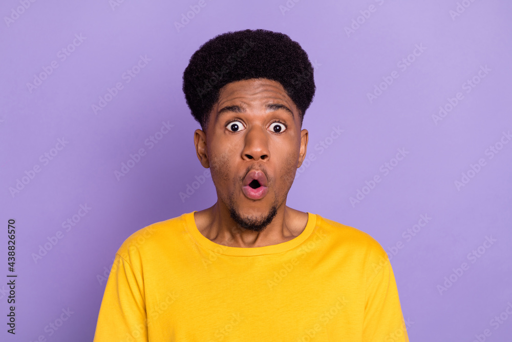 Portrait of attractive confused amazed guy sudden news reaction pout lips isolated over violet purple color background Portrait of attractive confused amazed guy sudden news reaction pout lips isolated over violet purple color background