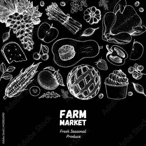 Various food frame. Meat, vegetabeles and fruits. Good food store concept. Organic food illustration. Farmers market design elements. Hand drawn sketch. photo