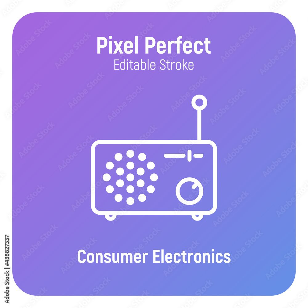 Retro radio with antenna and speaker thin line icon. Symbol of broadcast, podcast. Pixel perfect, editable stroke. Vector illustration.