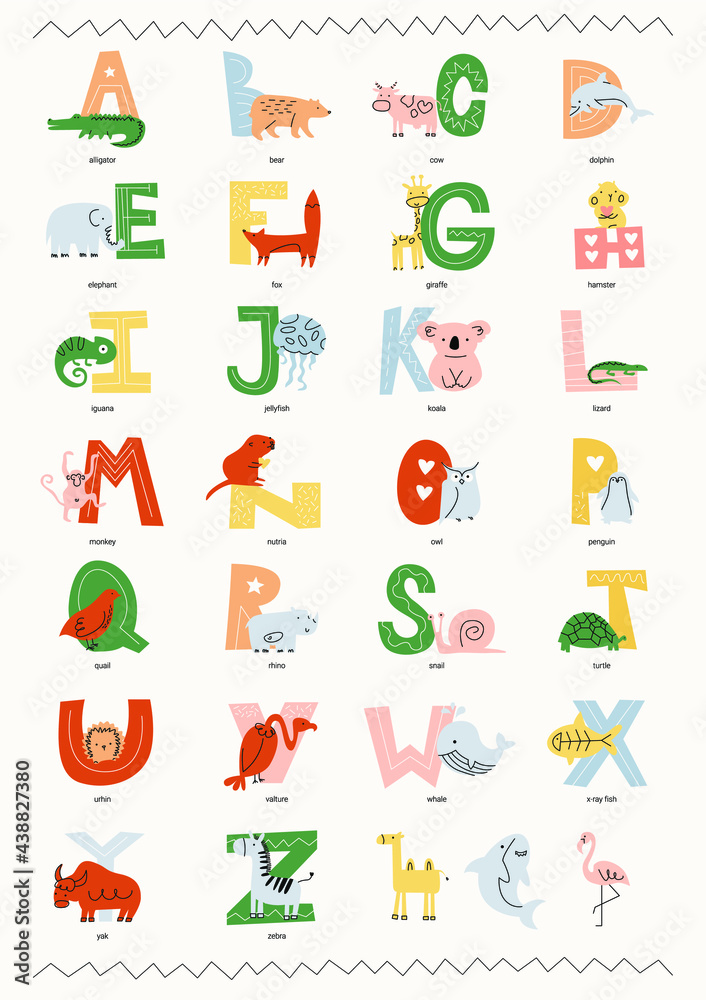 Children's educational poster alphabet with animals English. Simple minimalistic graphics, muted light colors.