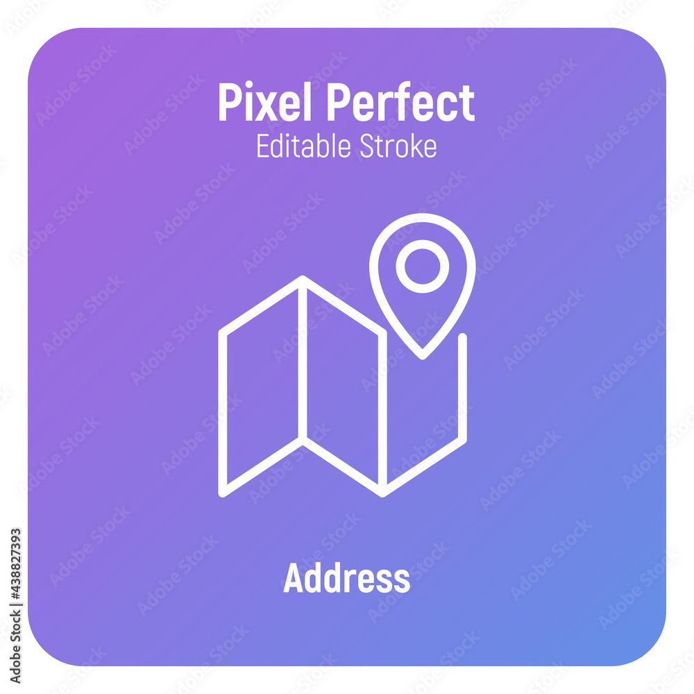 Address: pointer on map thin line icon. Direction, navigation. Pixel perfect, editable stroke. Vector illustration. Address: pointer on map thin line icon. Direction, navigation. Pixel perfect, editable stroke. Vector illustration.