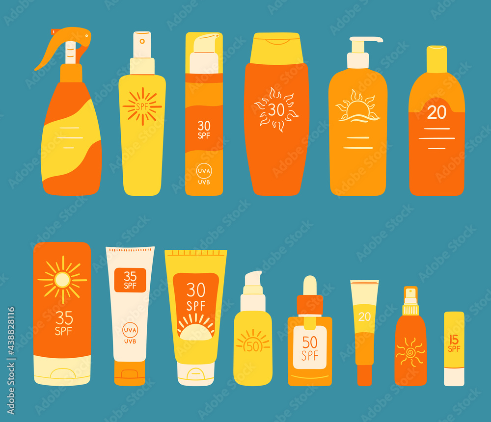 Set of SPF bottles, tubes. Sunscreen protection and sun safety