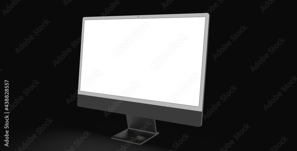 Computer display mock up with blank white screen. Stylish desktop computer mockup. dark