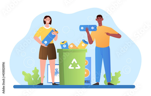Male and female characters are throwing out batteries into special litter bin for recycling and trash separation