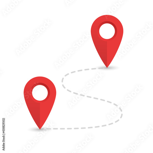 Distance travel icon. Locations in A and B points. Simple distance vector icon. The icon on the white background isolated. Red location icons.