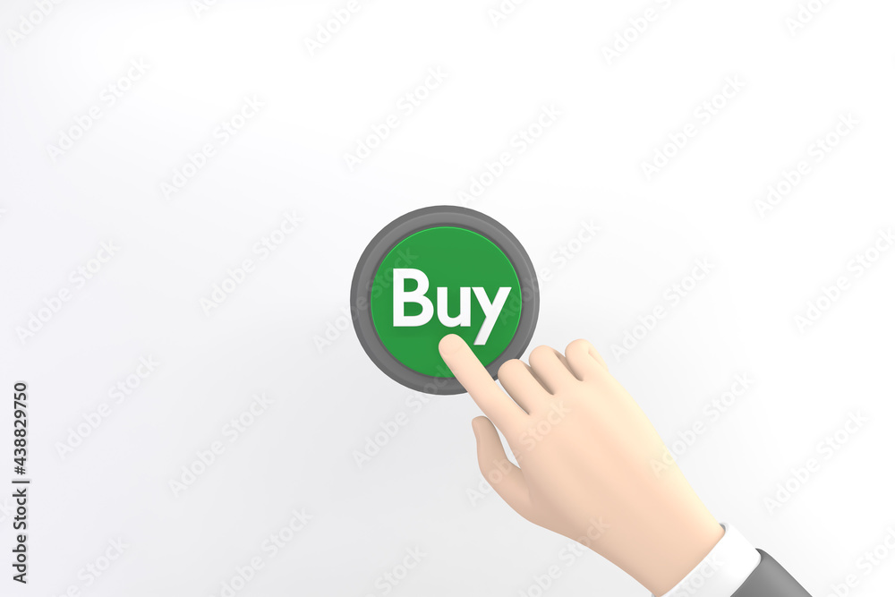 Hand pressing the green buy button on white background.3D rendering Hand pressing the green buy button on white background.3D rendering
