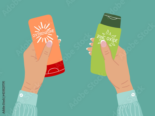 Set of sunscreen bottles, tubes with Oxybenzone or Zinc oxide SPF in female hands. What to choose. Chemical or physical sunscreens protection and sun safety. Hand drawn vector illustration.