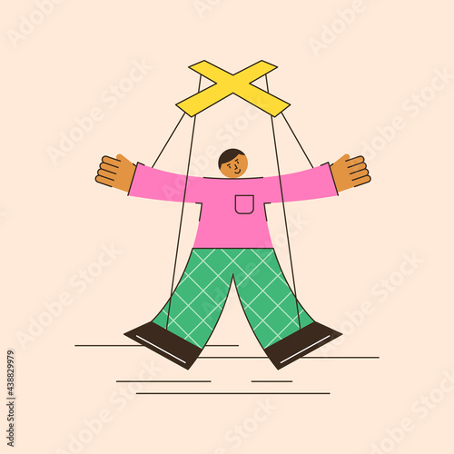 Vector illustration of the controlling function of management. Controlled employee as a puppet on ropes controlled by the boss, an abstract scene of total control in a minimalistic flat style