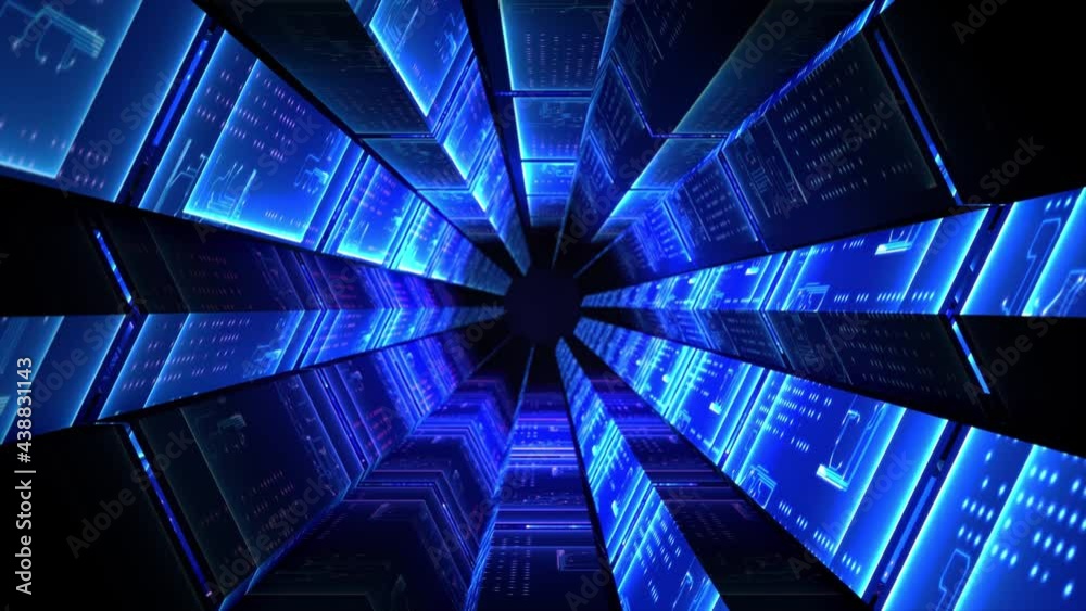 Abstract technological background 3D animation, moving through a technologic futuristic tunnel corridor or shaft. Great for scientific, technological, industrial, sci-fi illustrations, etc.