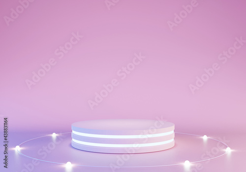 Mockup of platform award of blank product stand podium with neon lights on pastel colors background for presentation. 3d rendering illustration concept photo