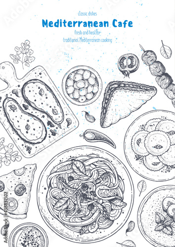 Mediterranean cuisine top view frame. A set of mediterranean dishes. Food menu design template. Vintage hand drawn sketch. Vector illustration. Food collection.