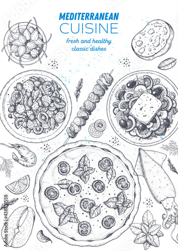 Mediterranean cuisine top view frame. A set of mediterranean dishes. Food menu design template. Vintage hand drawn sketch. Vector illustration. Food collection.