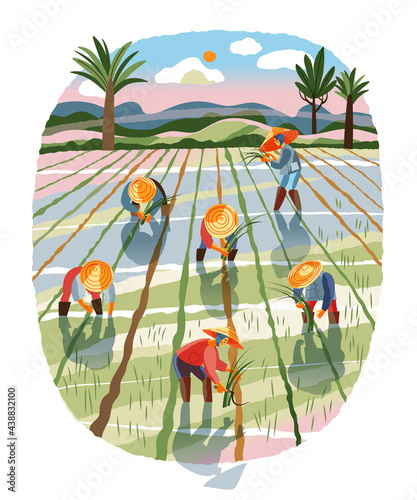 Asian farmers working in agriculture field. Farm with Chinese, Vietnamese, Indian or Indonesian workers vector illustration. Men and women collecting crops in fields with plow or hoe