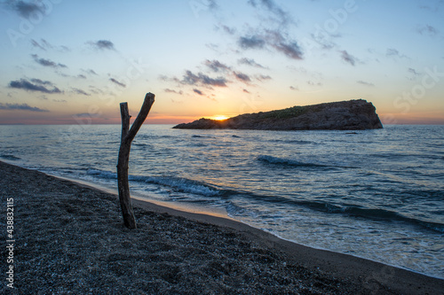 A tree stump on the beach and behind it an island at sunset, the Mediterranean Sea Jijel Algeria, Africa island.